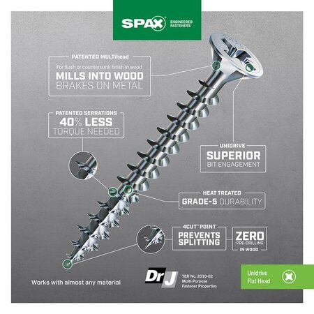 Spax Sheet Metal Screw, #6 x 1-1/4 in, Zinc Plated Flat Head 4101010350322